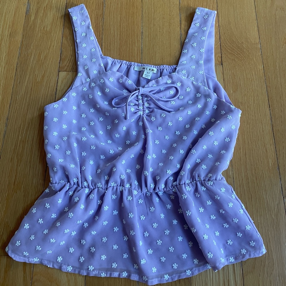 Miami purple daisies ruched tie front peplum tank size XS like new never worn